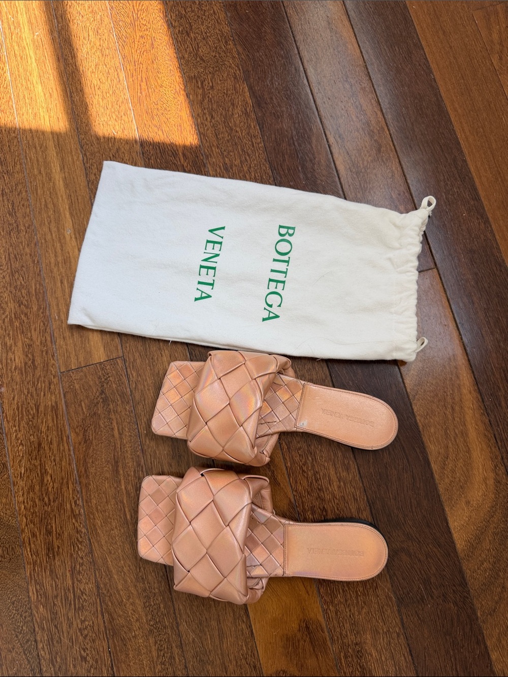 Bottega Veneta Pink Tan Intrecciato Leather Slide Mules